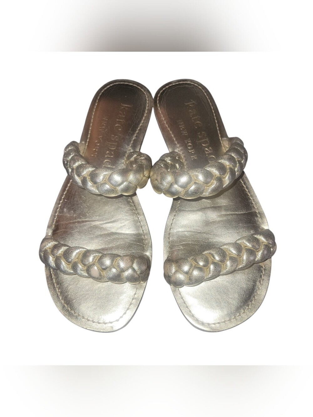 Kate Spade NY Miami  Metallic Gold Braided Leather Double-Strap Slide Sandals 6B